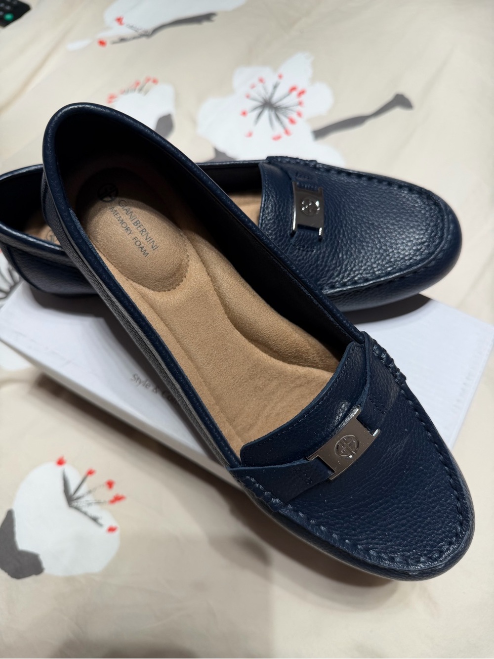 Leather Navy Blue Women's Loafers with Cushion Insole
